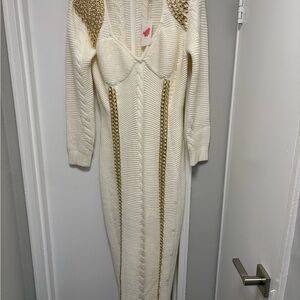 L'ATISTE Cream and Gold Long Sleeve Dress